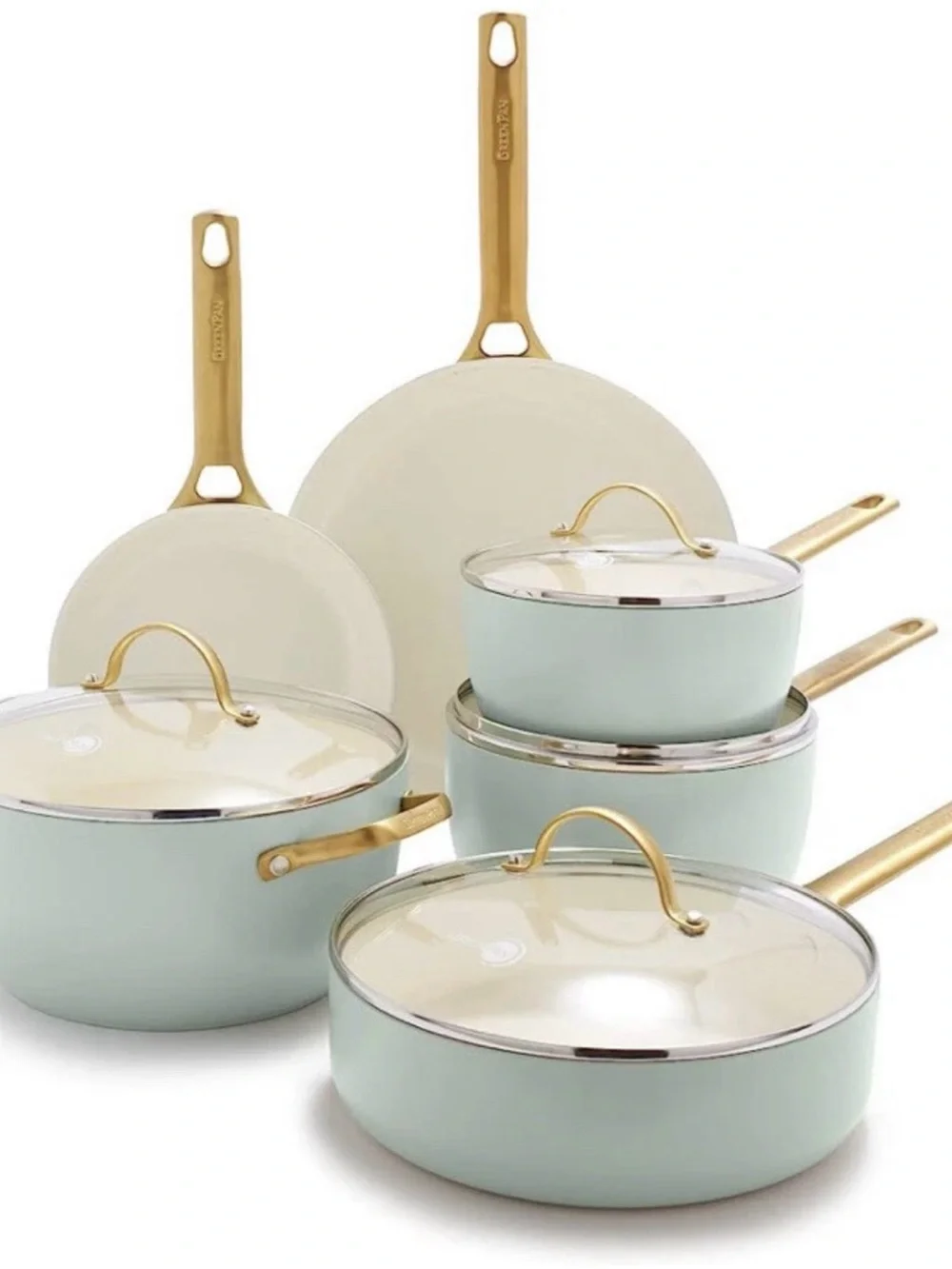 Cream Interior Mint Exterior Nonstick Cookware Set with Gold Handles
